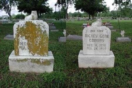 Headstone cleaning before and after comparison.
