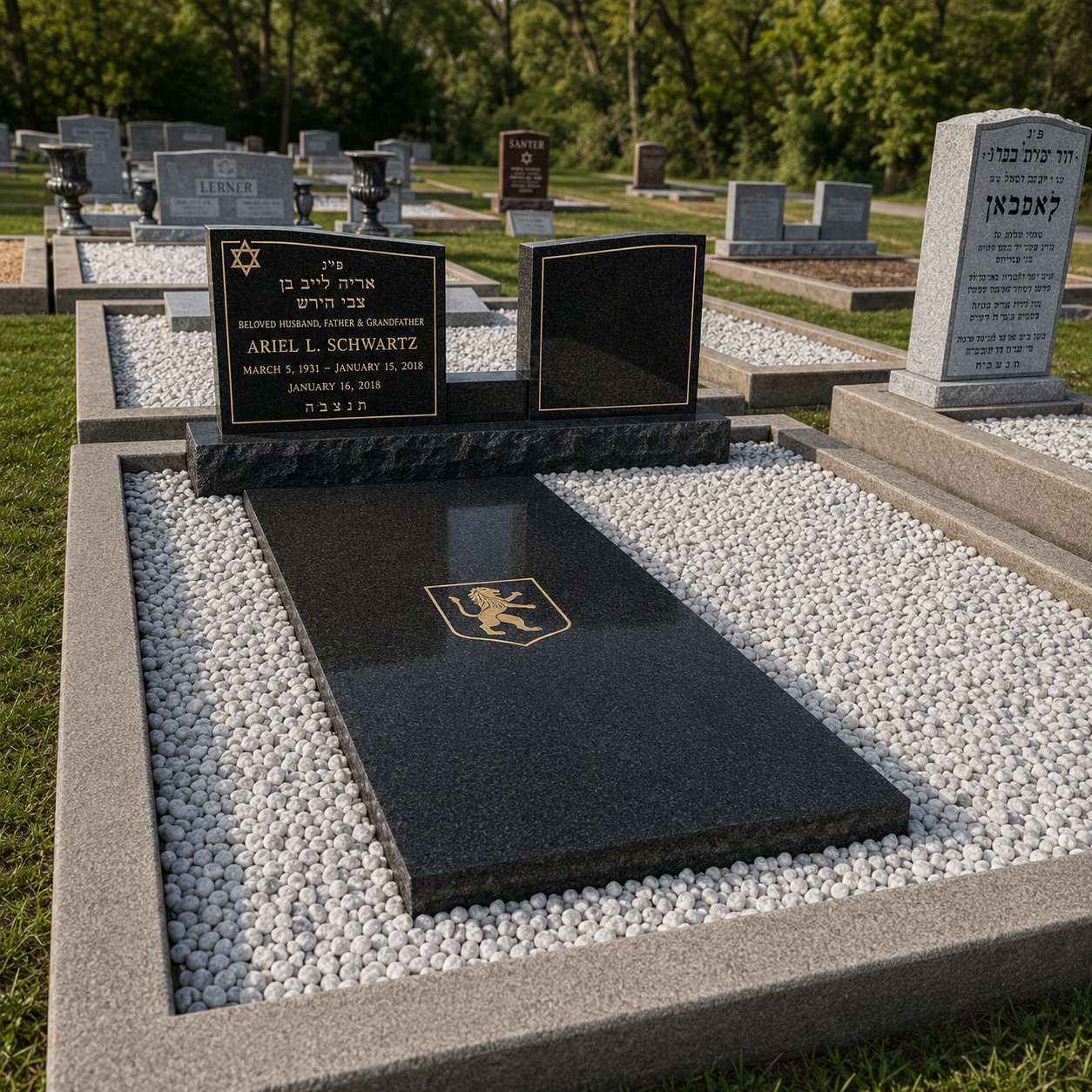 A black granite gravestone with gold inscription and a lion crest at the bottom, surrounded by white gravel in a cemetery with other gray and brown tombstones and green trees in the background.