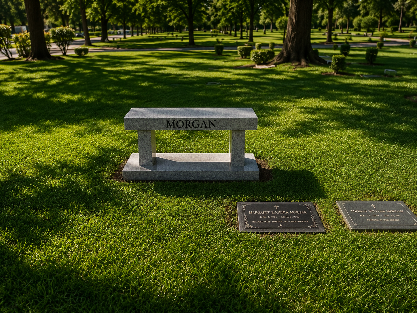 A grassy memorial site with three headstones, one for Morgan and others for Margaret Eugenia Morgan and Thomas William Morgan, with trees and park benches in the background.