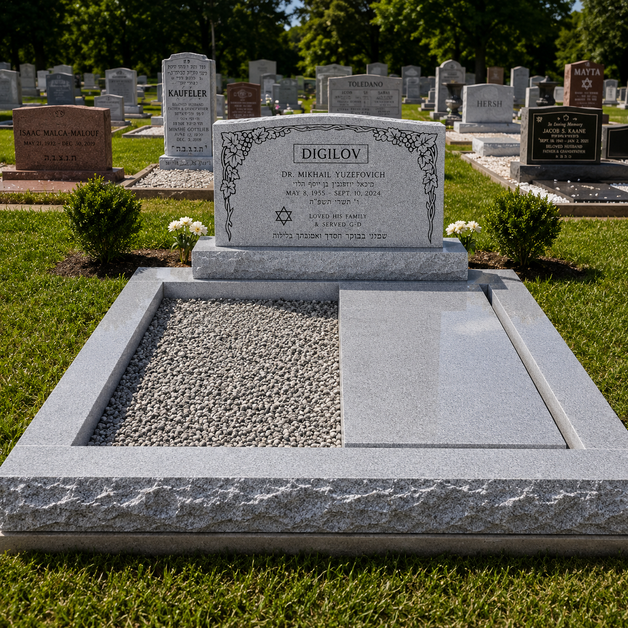 Gray granite tombstone in a cemetery with flowers and other headstones in the background, dedicated to Dr. Mikhail Yuzefovich Digilov, who lived from May 8, 1955, to September 10, 2024.
