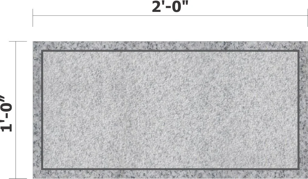 Diagram of a rectangular granite headstone with dimensions marked as 2 feet by 1 foot, showing a polished top surface and rougher sides.