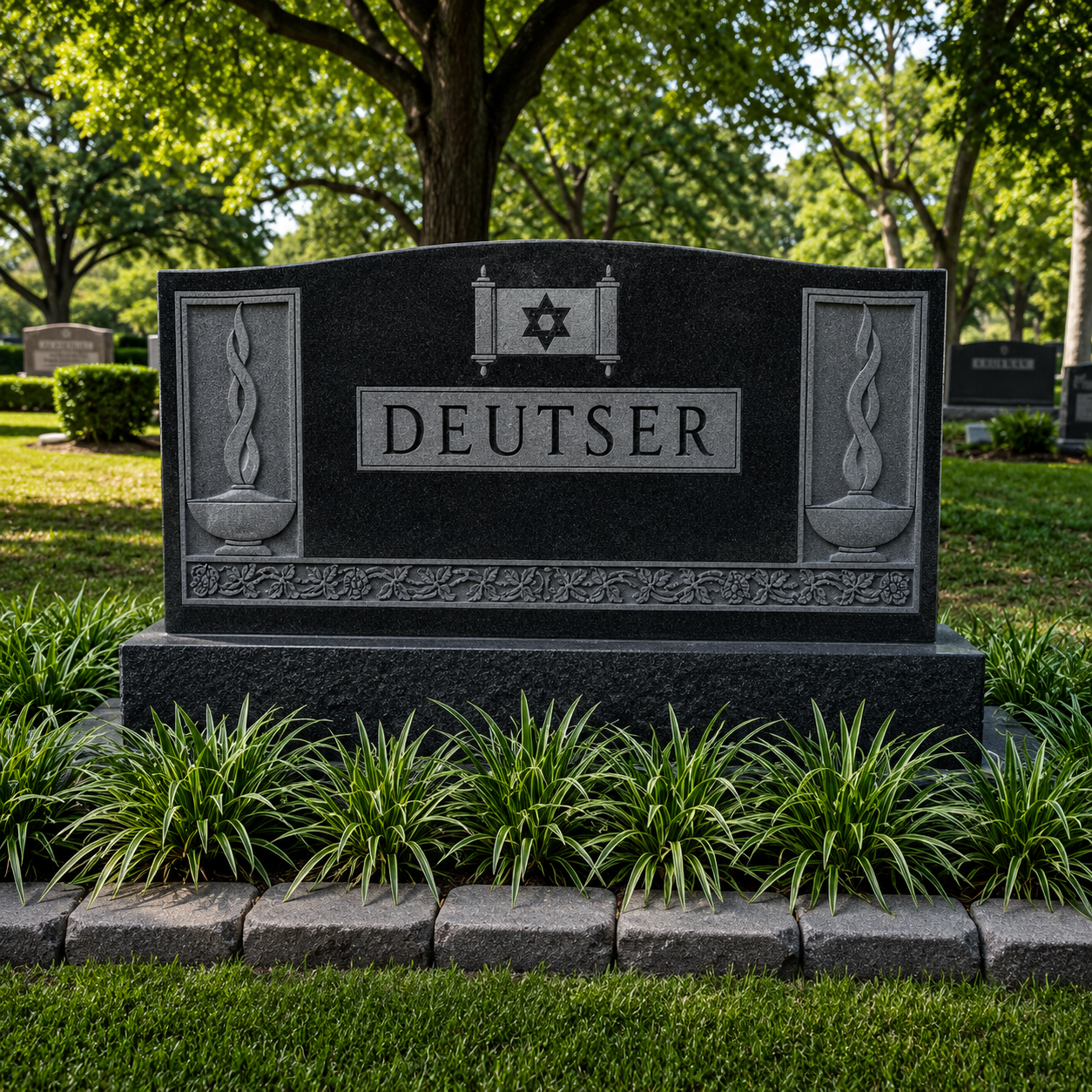 Gravestone with the surname Deutser, featuring a Star of David at the top and decorative symbols on each side, surrounded by green plants at a cemetery.