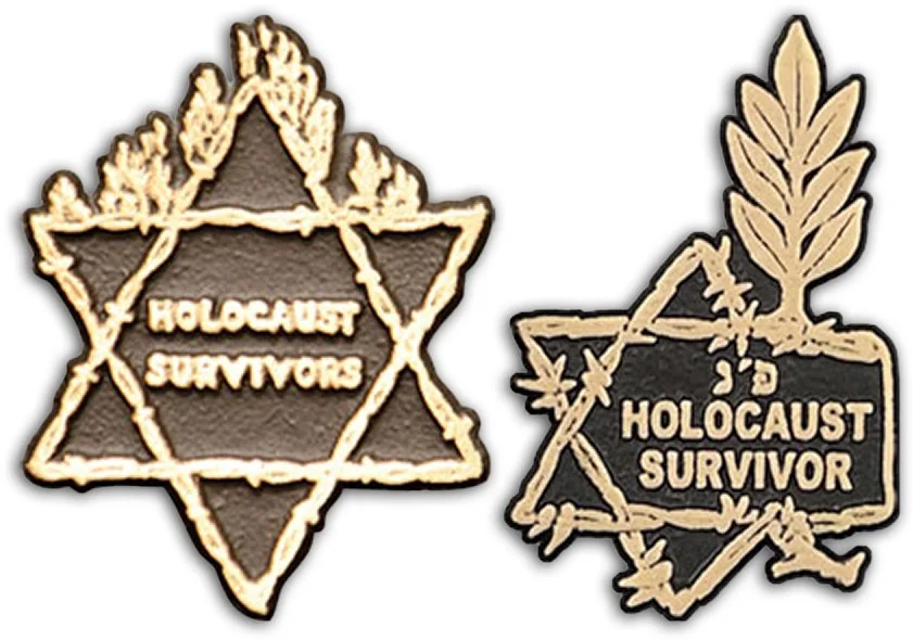 Two badges with the words 'Holocaust Survivor'. The badge on the left is shaped like a star of David with fire flames at the top. The badge on the right is shaped like the state of Illinois with leaves and barbed wire designs.