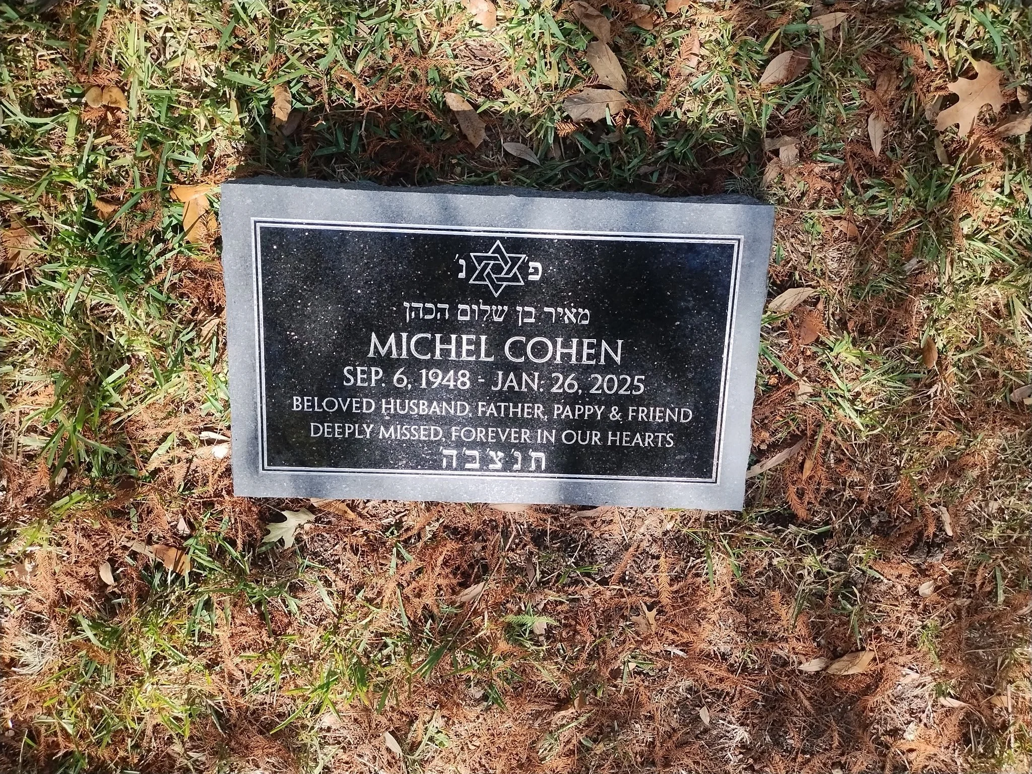 Gravestone with Jewish symbols and Hebrew writing, surrounded by grass and fallen leaves.