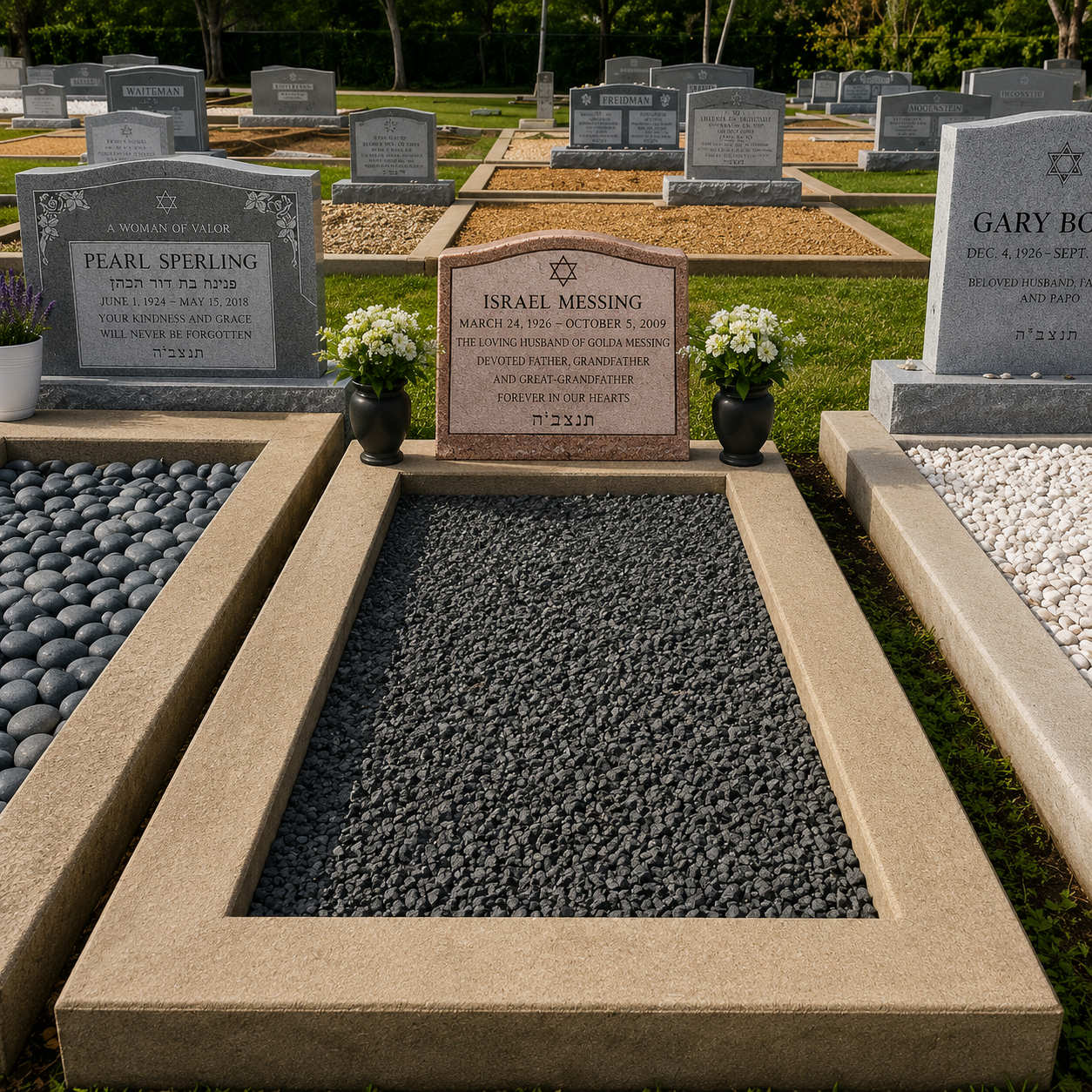 A cemetery with three visible headstones. The middle headstone is for Israel Messing and is adorned with two vases of white flowers. The headstone is pinkish stone with engraved text, a Star of David, and Hebrew writing. The surrounding graves have different headstones and landscaping, with some filled with black or white stones. Trees and grass are in the background under a clear sky.