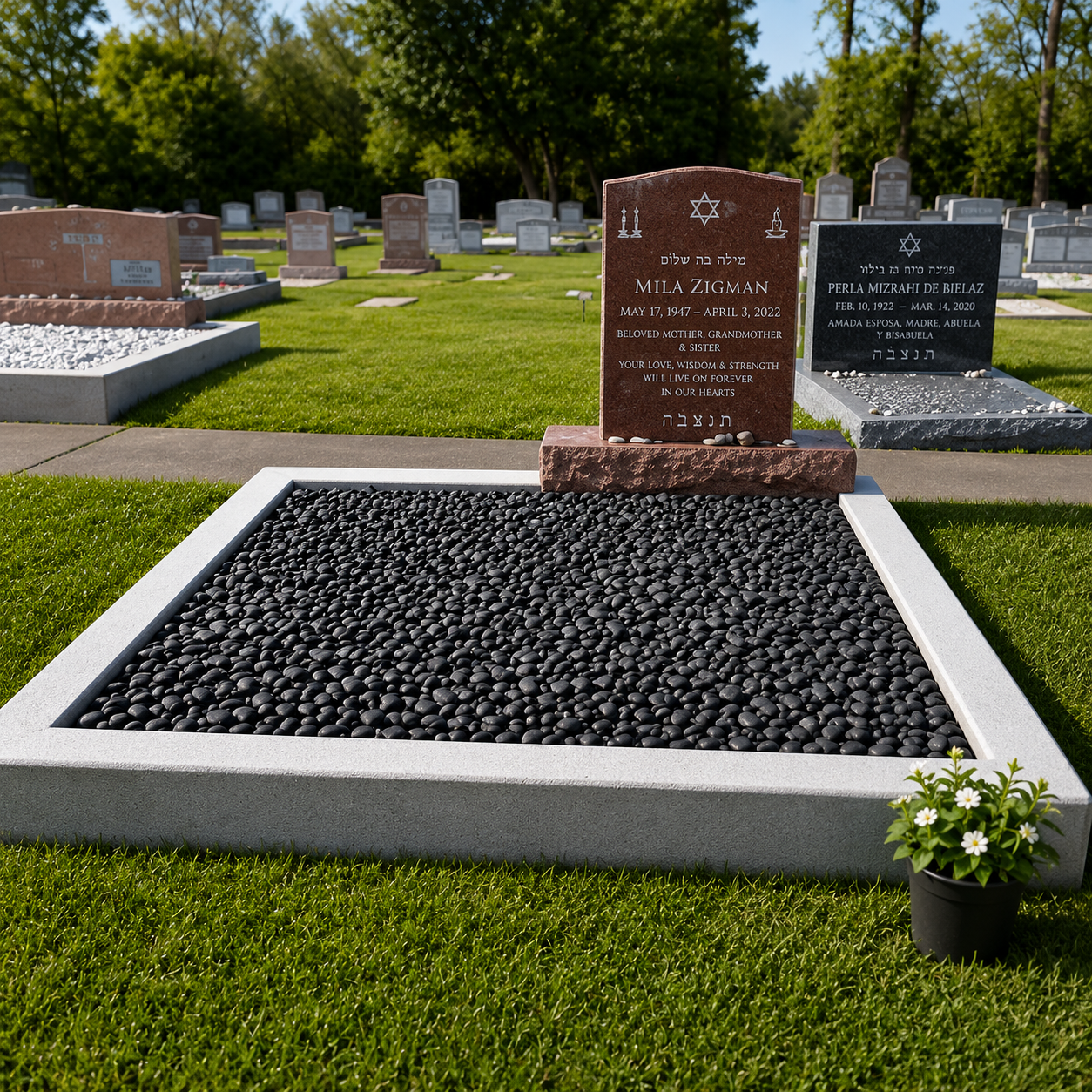 Gravestone for Mila Zigman at a cemetery with numerous other tombstones in the background, surrounded by green grass and trees, with a small potted plant with white flowers beside it.