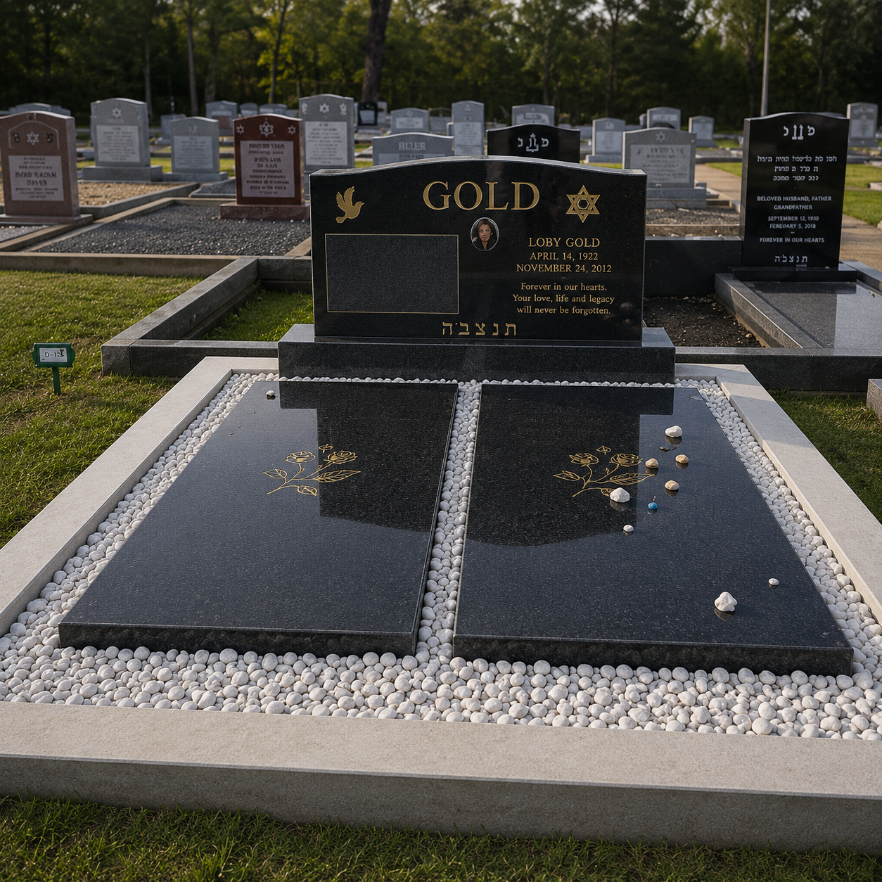 Black granite grave marker for someone with the last name Gold, with a dove and Star of David symbols, gold text, and two flat grave markers with gold floral designs and small stones on one.