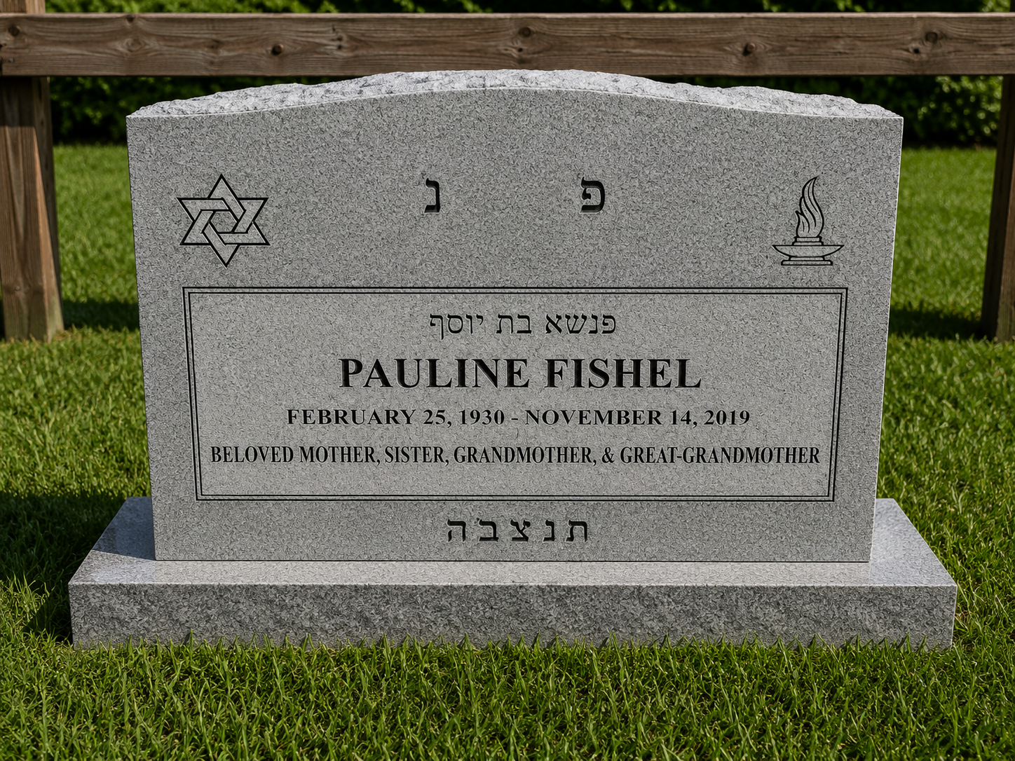 Gravestone for Pauline Fishel with symbols of Star of David and a flame, inscribed with her birth and death dates, and titles as a beloved mother, sister, grandmother, and great-grandmother.