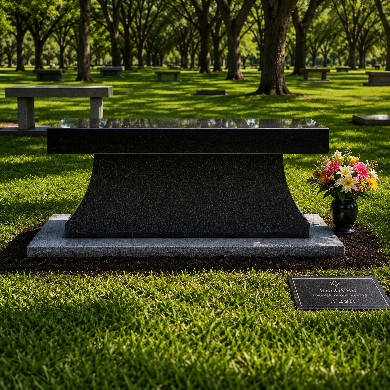 Black granite gravestone with a flower arrangement next to it in a green cemetery with trees and multiple other gravestones in the background.
