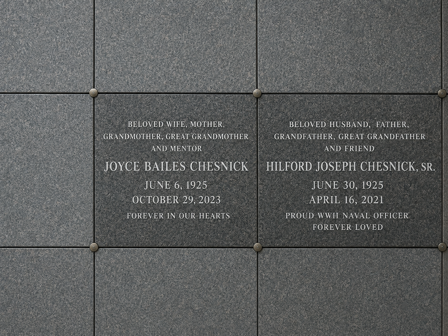 Memorial plaques for Joyce Bailes Chesnick and Hilford Joseph Chesnick Sr. on a granite wall. The plaque on the left is dedicated to Joyce, born June 6, 1925, died October 29, 2023, and mentions she was a wife, mother, grandmother, great-grandmother, and mentor. The plaque on the right is dedicated to Hilford, born June 30, 1925, died April 16, 2021, and describes him as a husband, father, grandfather, great-grandfather, friend, WWII naval officer, and loved.