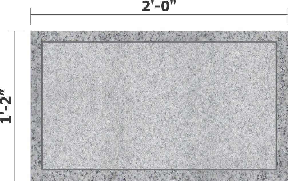Gray rectangular stone slab with black border, measured as 2 feet by 1 foot 2 inches.