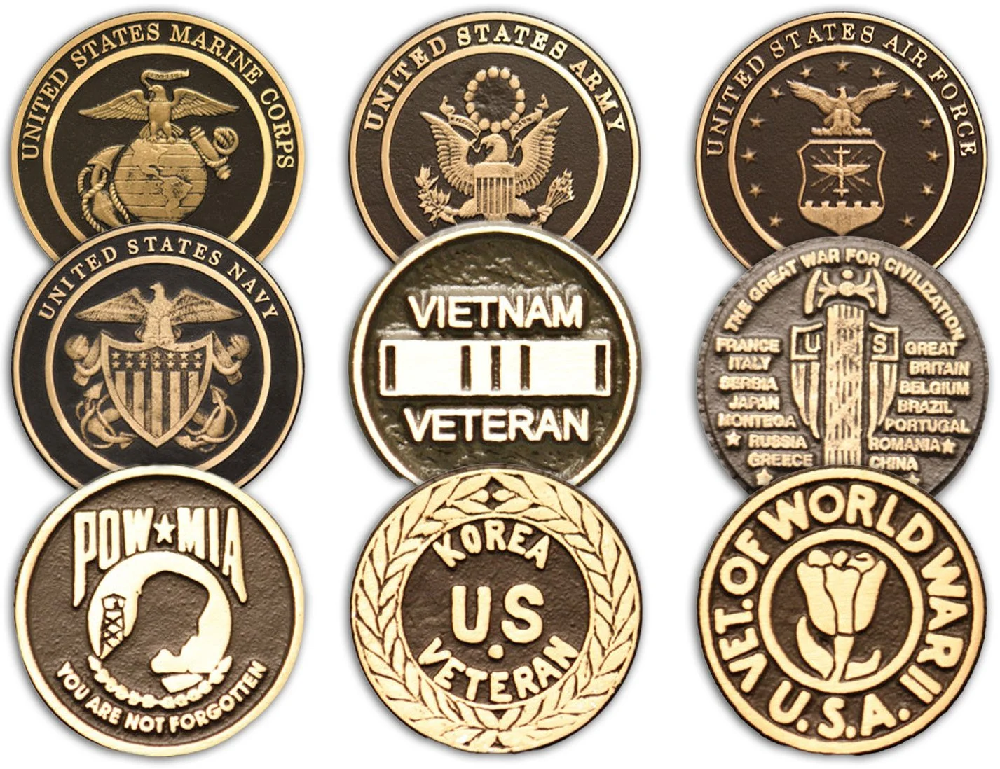 Collection of military and veteran commemorative coins, including symbols and names of the U.S. Navy, Marine Corps, Army, Air Force, POW/MIA, Vietnam Veteran, Korea U.S. Veteran, and World War II U.S.A.