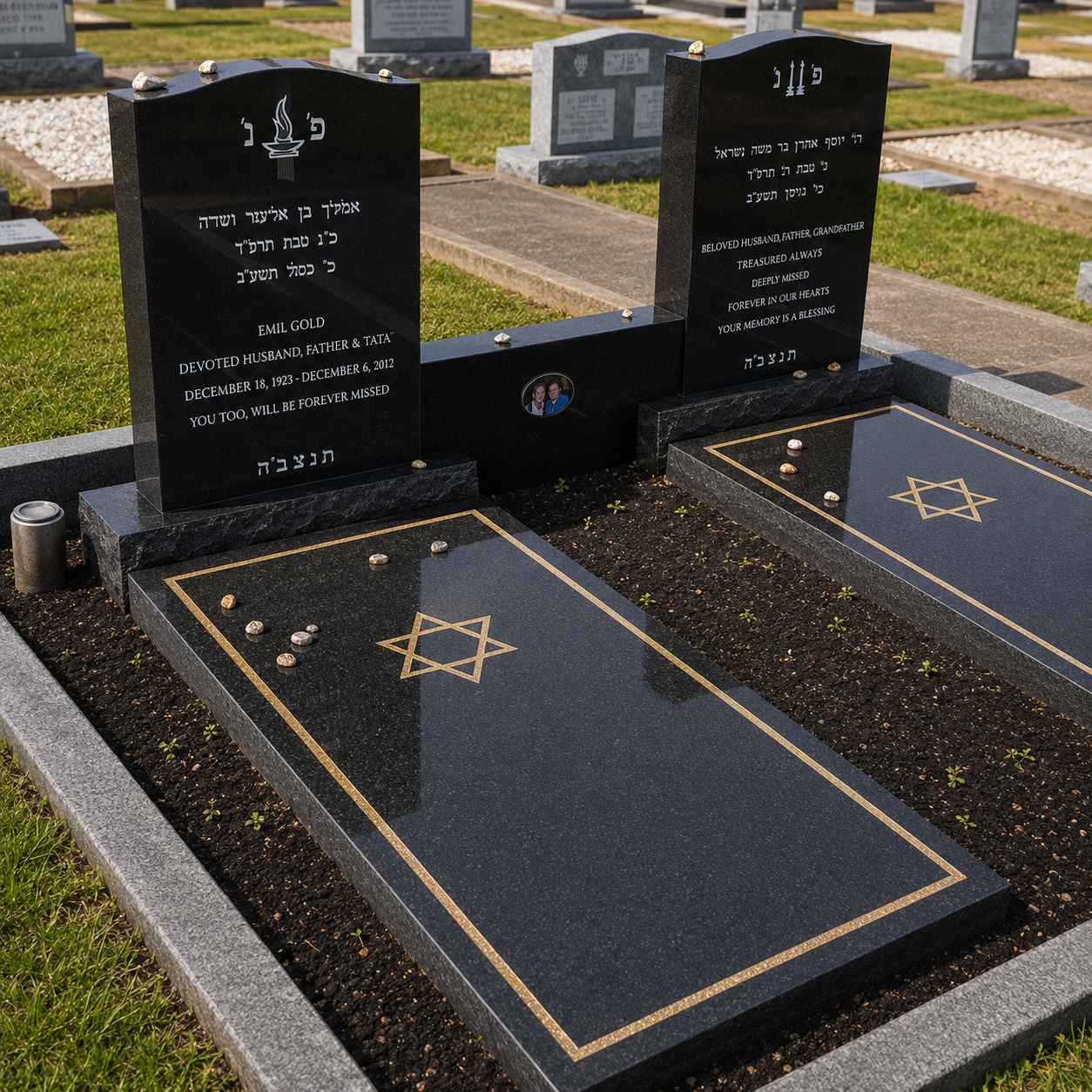 A double gravestone with black polished granite and gold accents marks a Jewish burial site. The left inscription honors Emil Gold, a devoted husband, father, and TATA, who lived from December 18, 1923, to December 6, 2012. The right inscription marks a husband's, father's, and grandfather's grave, stating he is deeply missed and his memory is a blessing. Each gravestone has a Star of David at the foot. Small stones and coins are placed on the graves as a sign of remembrance.