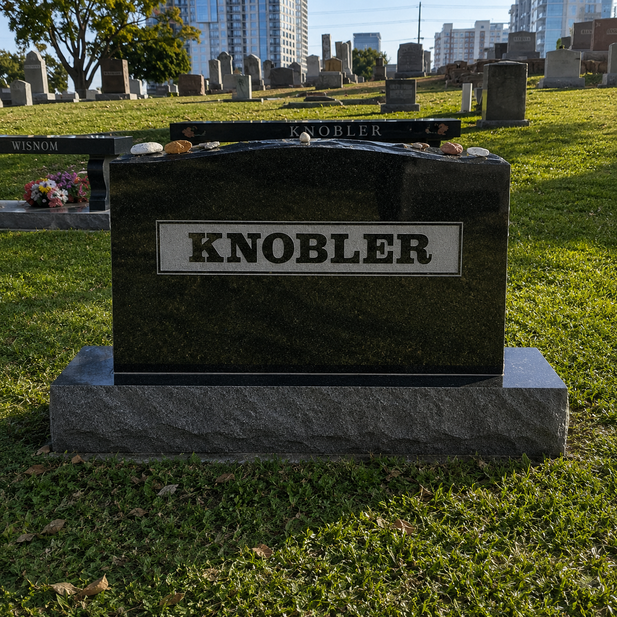 Gravestone with the surname Knobler in a cemetery, with other gravestones in the background and city buildings beyond, some stones topped with small rocks.