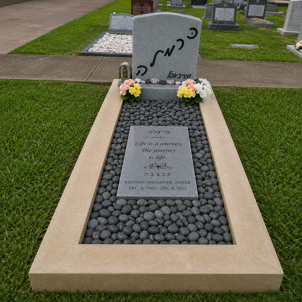 Gravestone for a beloved daughter and sister, with a quote 'Life is a journey, The journey is life.' Flowers, pebbles, and an inscription with birth and passing dates (Dec. 6, 1965 - Jan. 4, 2022).