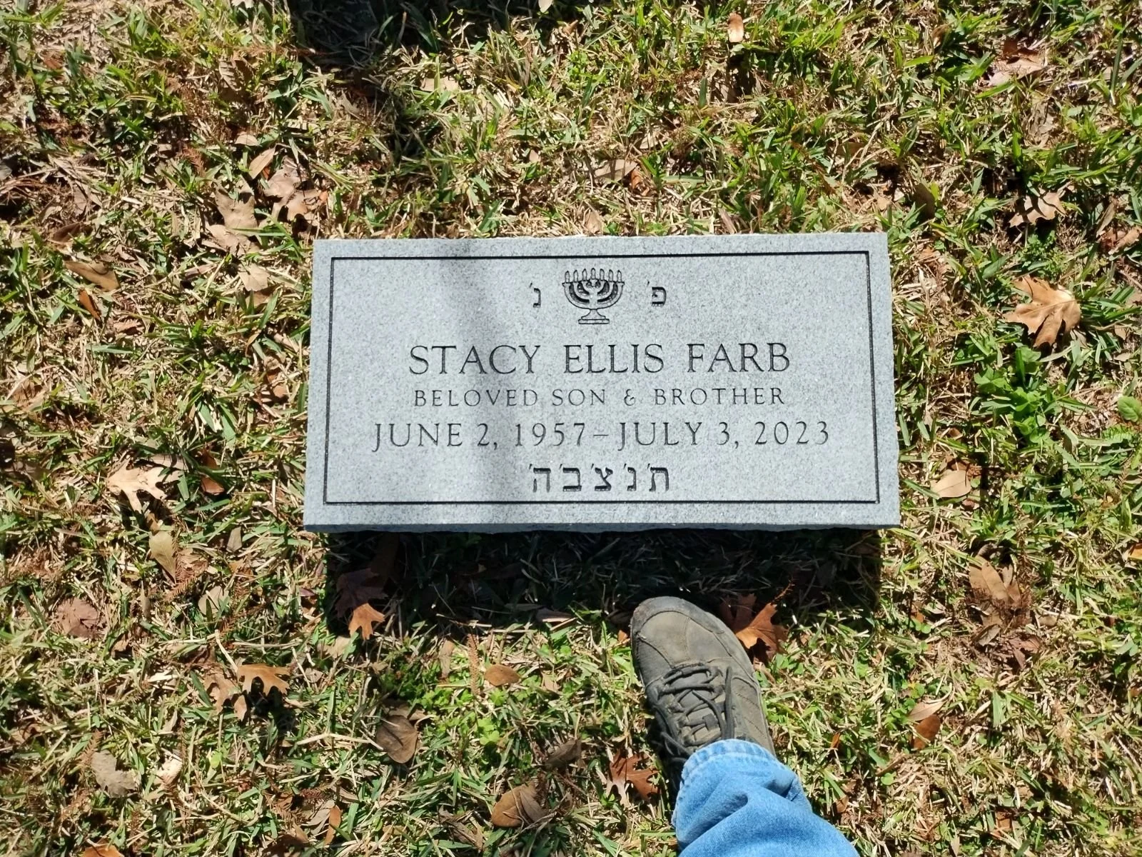 Gravestone memorial with Hebrew inscription and a menorah symbol at the top, set in grass.
