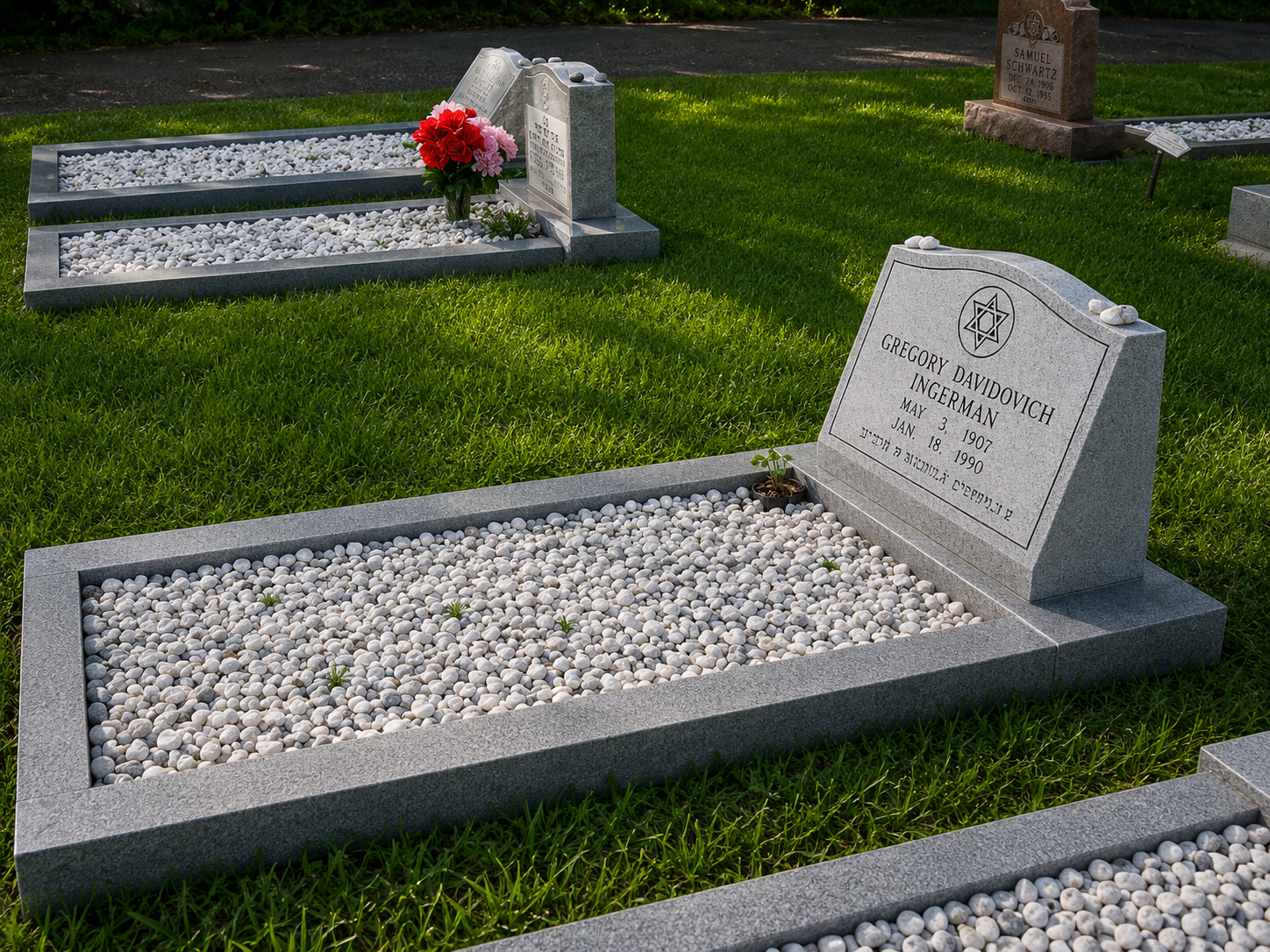 Graves in a cemetery with gray granite headstones and white pebbles, one with flowers and a small plant