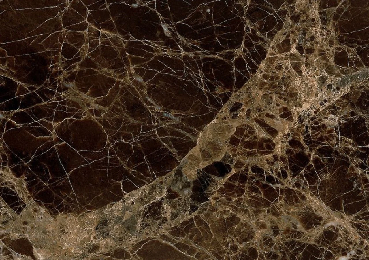 Close-up of polished dark brown marble with white and light brown veining.