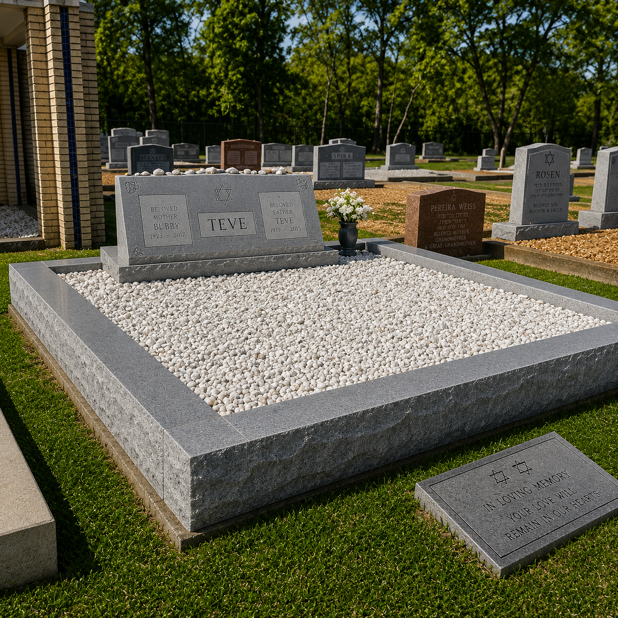 Gravestone in a cemetery with the name 'Teve', flowers, and surrounding gravestones.