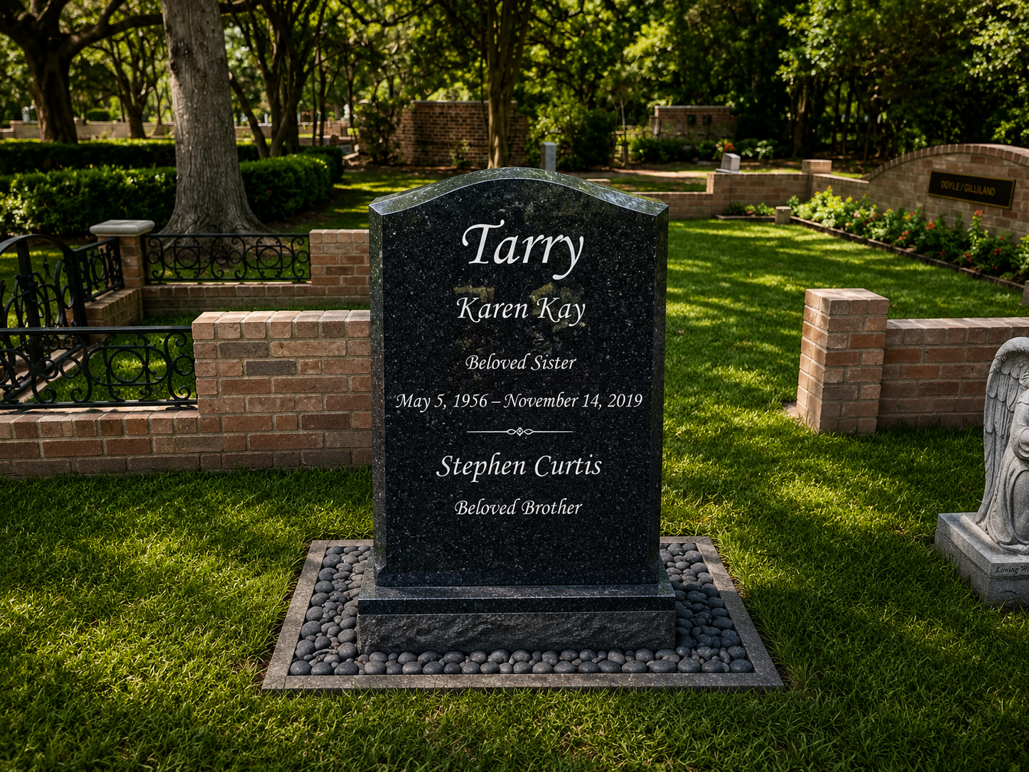 Black granite headstone engraved with the name "Tarry," dedicated to Karen Kay, a beloved sister who lived from May 5, 1956, to November 14, 2019, and her brother Stephen Curtis, identified as a beloved brother, surrounded by a well-maintained cemetery with trees, grass, and other graves in the background.