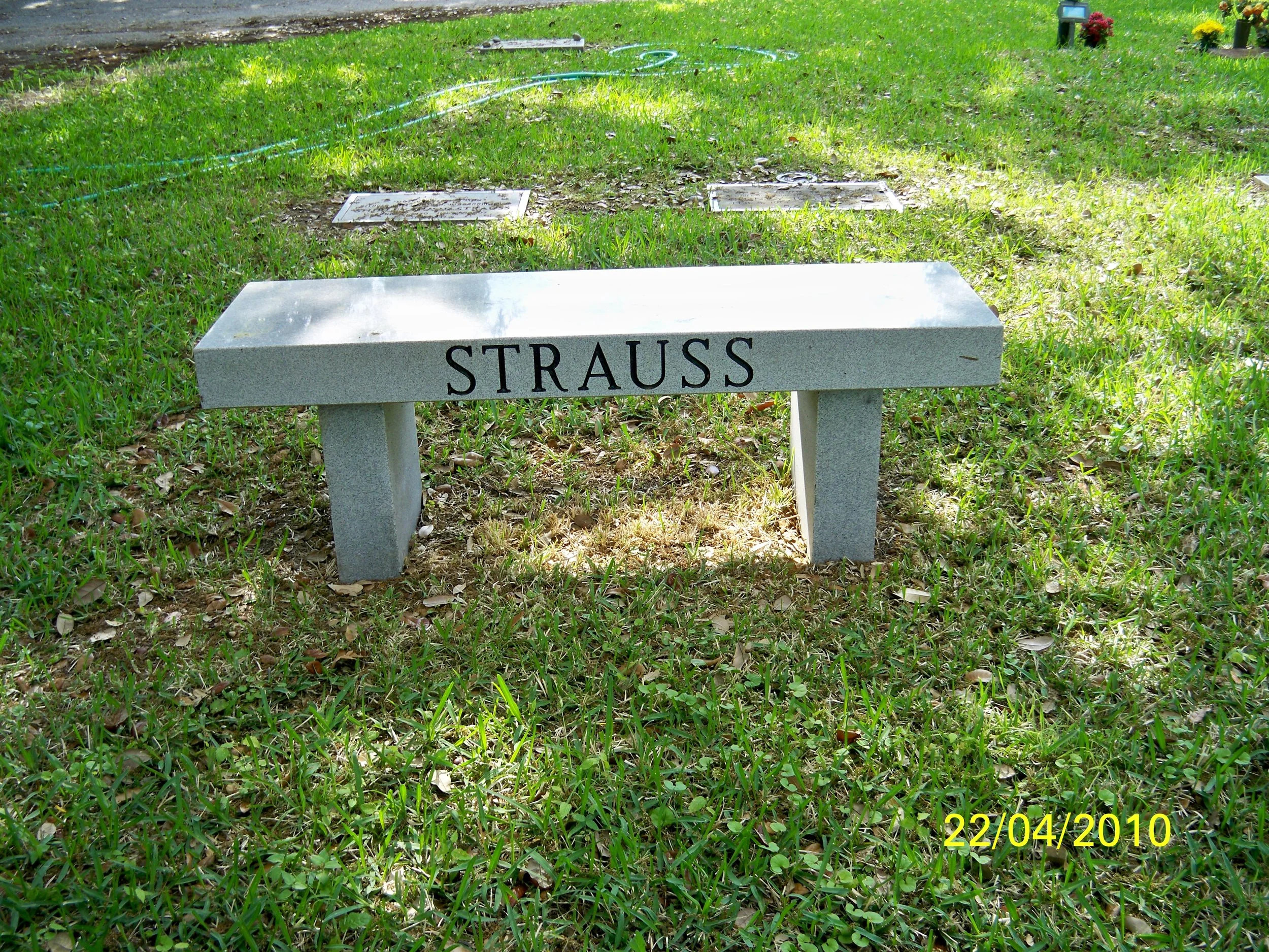 A grave marker in a grassy cemetery, with other gravestones visible in the background.