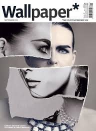 Collage of torn magazine pages featuring close-up images of a woman's eyes, nose, lips, and jewelry on a magazine cover titled 'Wallpaper'