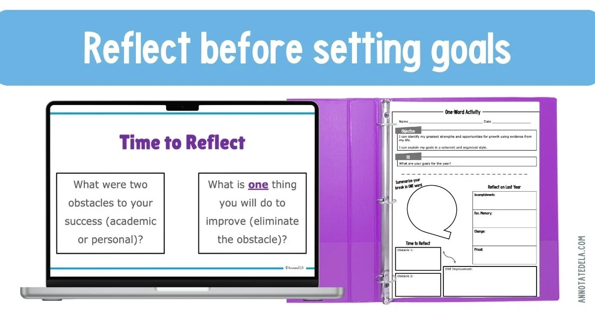 Laptop screen with reflection prompt and a binder with a goal setting for students activity sheet
