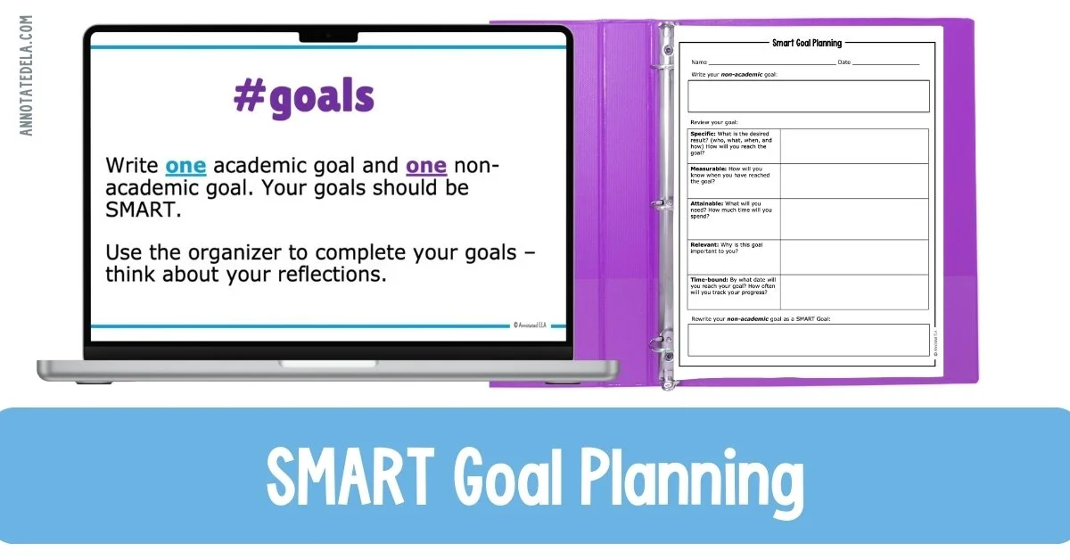 Laptop screen with a goal setting for students slide and a binder with a SMART goal planning activity sheet