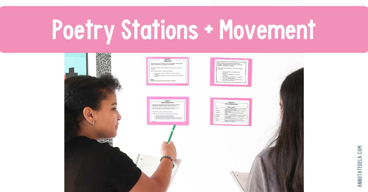 Students moving around to work on poetry stations in high school