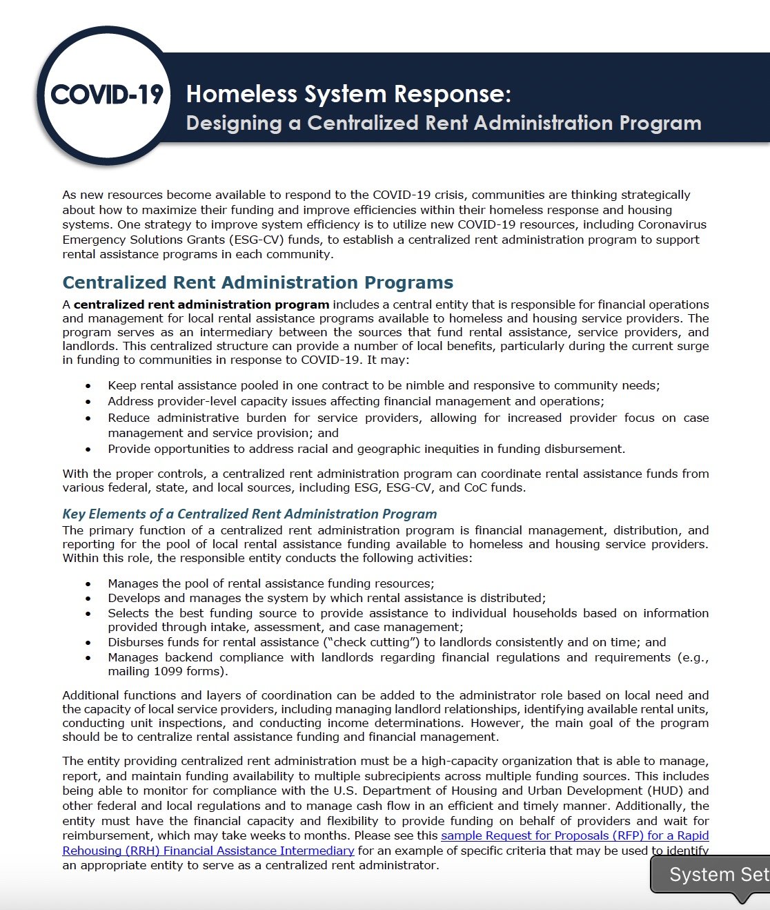 COVID 19 - Homeless System Reponse: Designing a Centralized Rent Administration Program