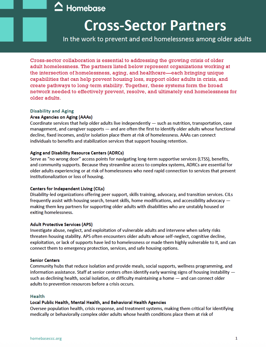Cross Sector Partners in the Work to Prevent and End Homelessness Against Older Adults