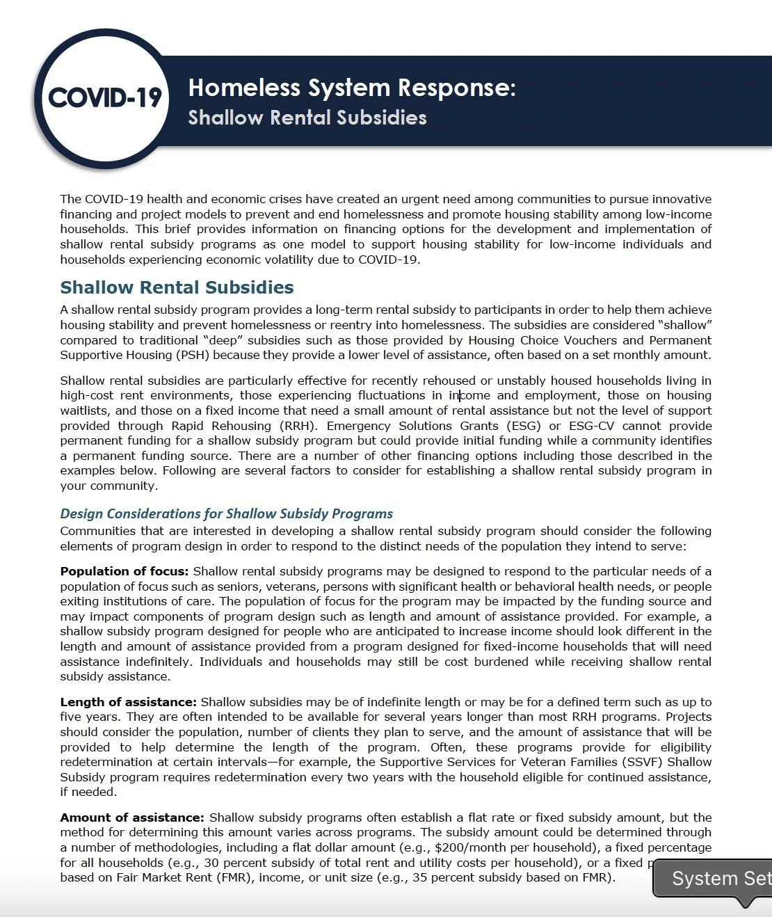 COVID 19 - Homeless System Reponse: Shallow Rental Subsidies