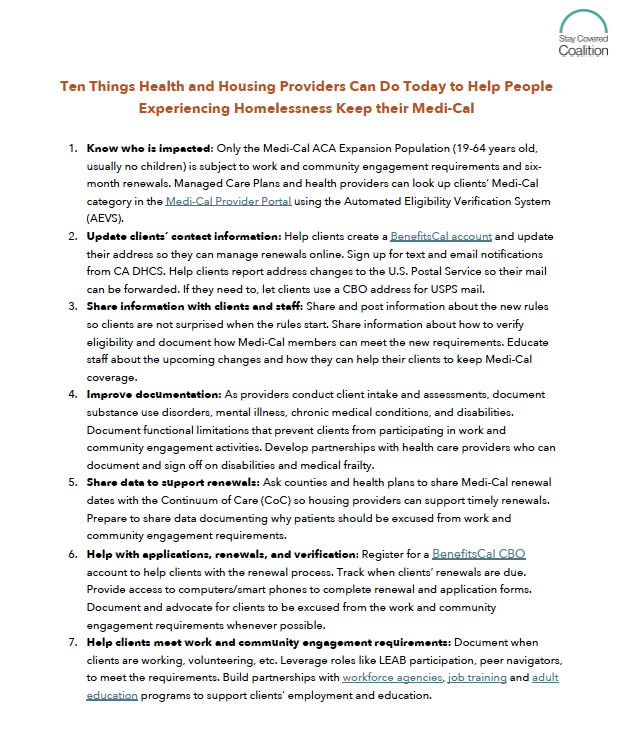 Ten Things Health and Housing Providers Can Do Today to Help People Experiencing Homelessness Keep their Medi-Cal