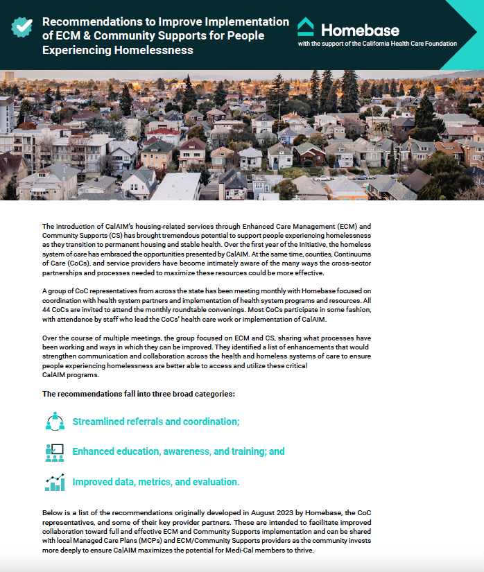 Recommendations to Improve Implementation of ECM and Community Supports for People Experiencing Homelessness