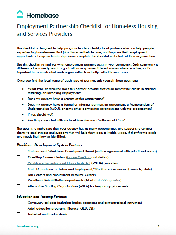 Employment Partnership Checklist for Homeless Housing and Services Providers