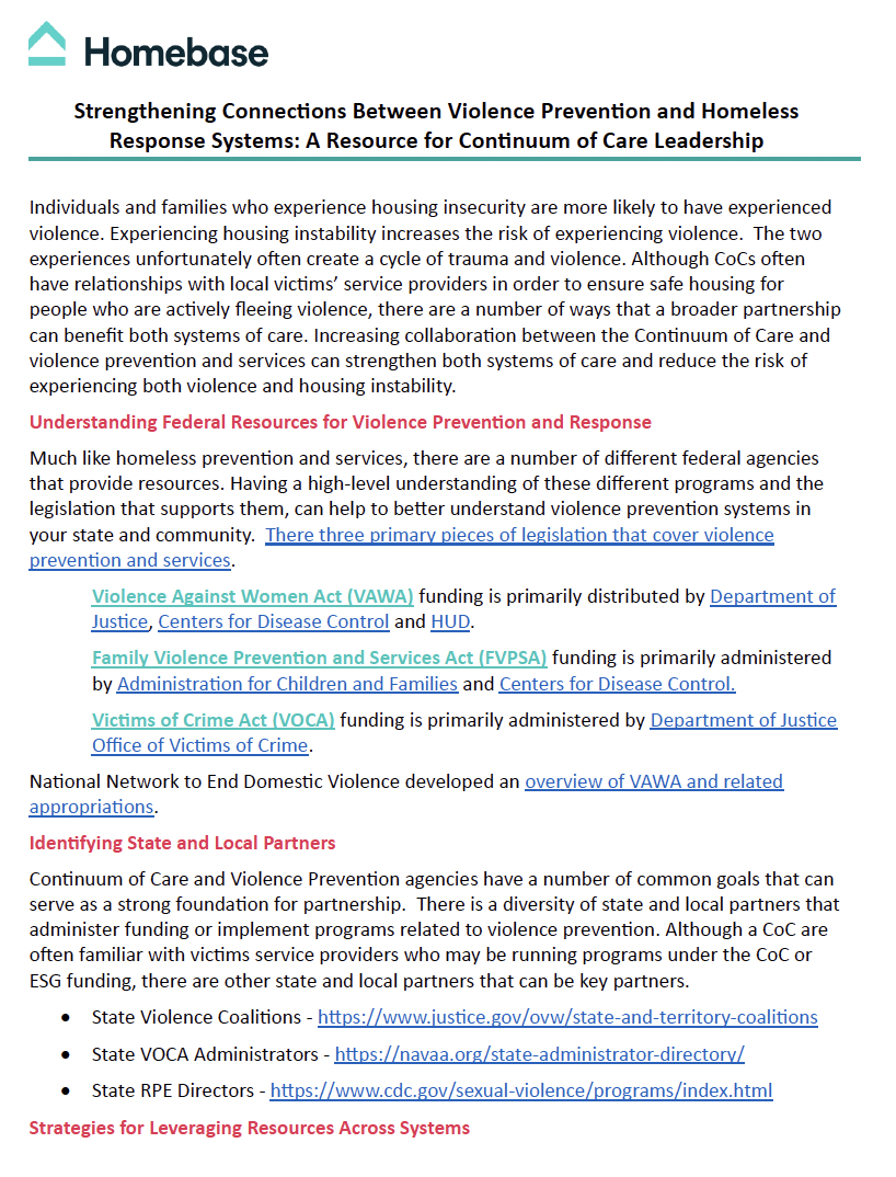 Strengthening Connections Between Violence Prevention and Homeless Response Systems: A Resource for Continuum of Care Leaders