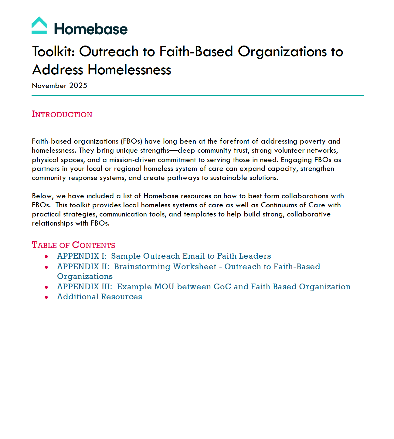 Outreach to Faith-Based Organizations to Address Homelessness