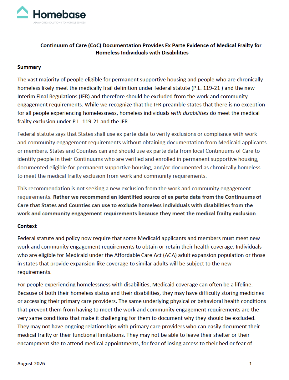 Continuum of Care (CoC) Documentation Provides Ex Parte Evidence of Medical Frailty for Homeless Individuals with Disabilities