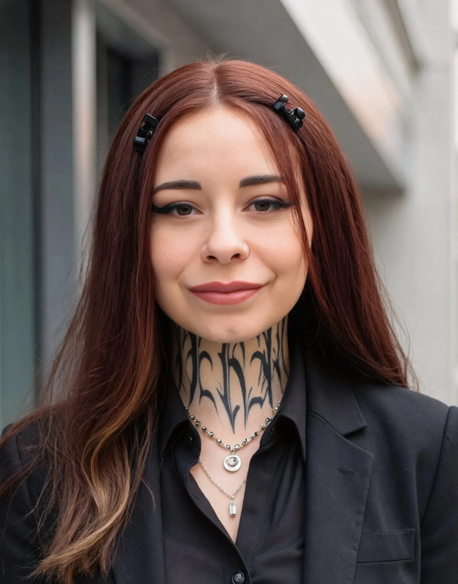A woman with long, brown hair, with black neck tattoos, wearing a black suite, smiling at the camera.