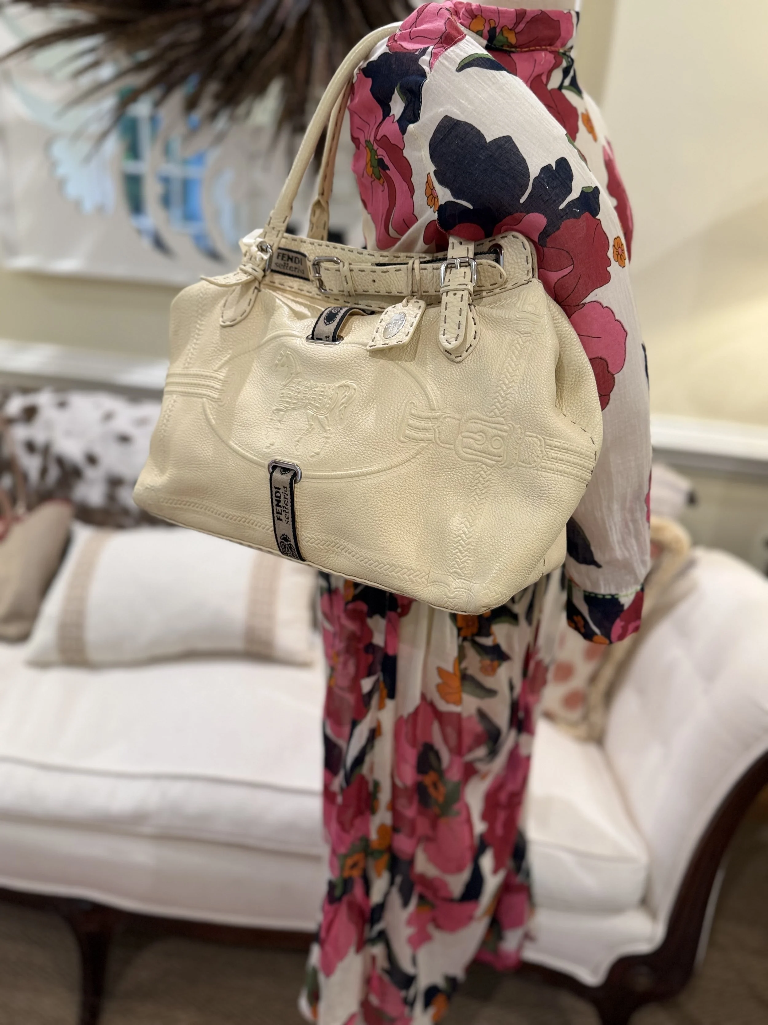 Vintage Fendi Selleria Cream Leather Tote Bag