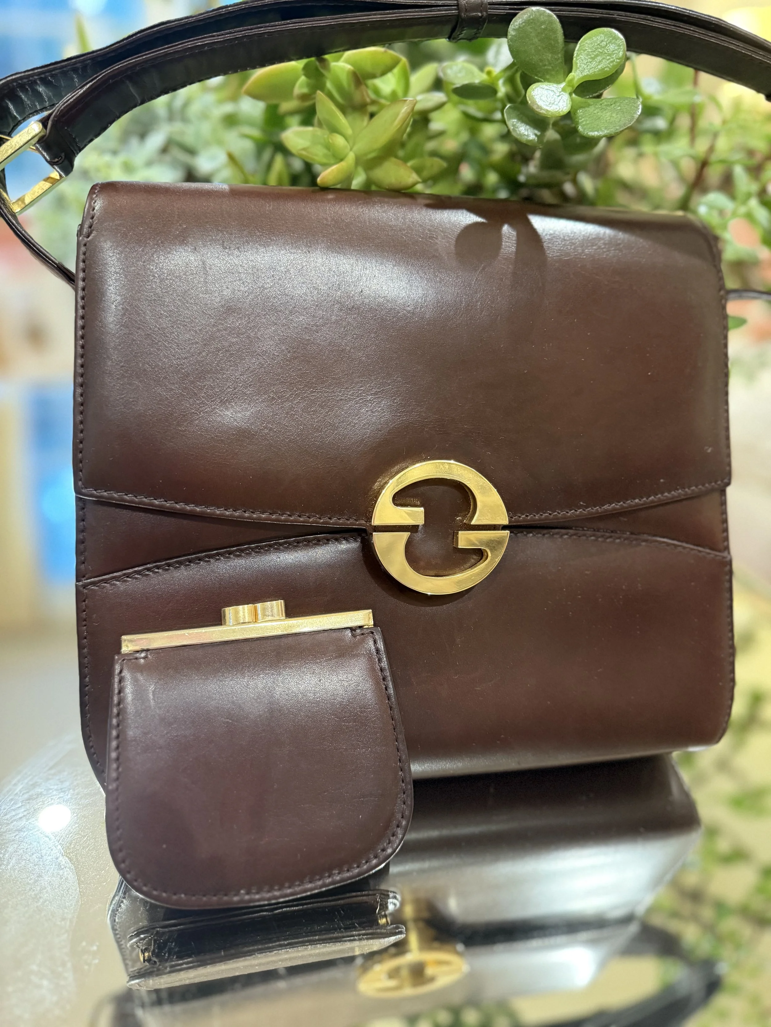Vintage Gucci Brown Leather Shoulder Bag + Matching Coin Purse