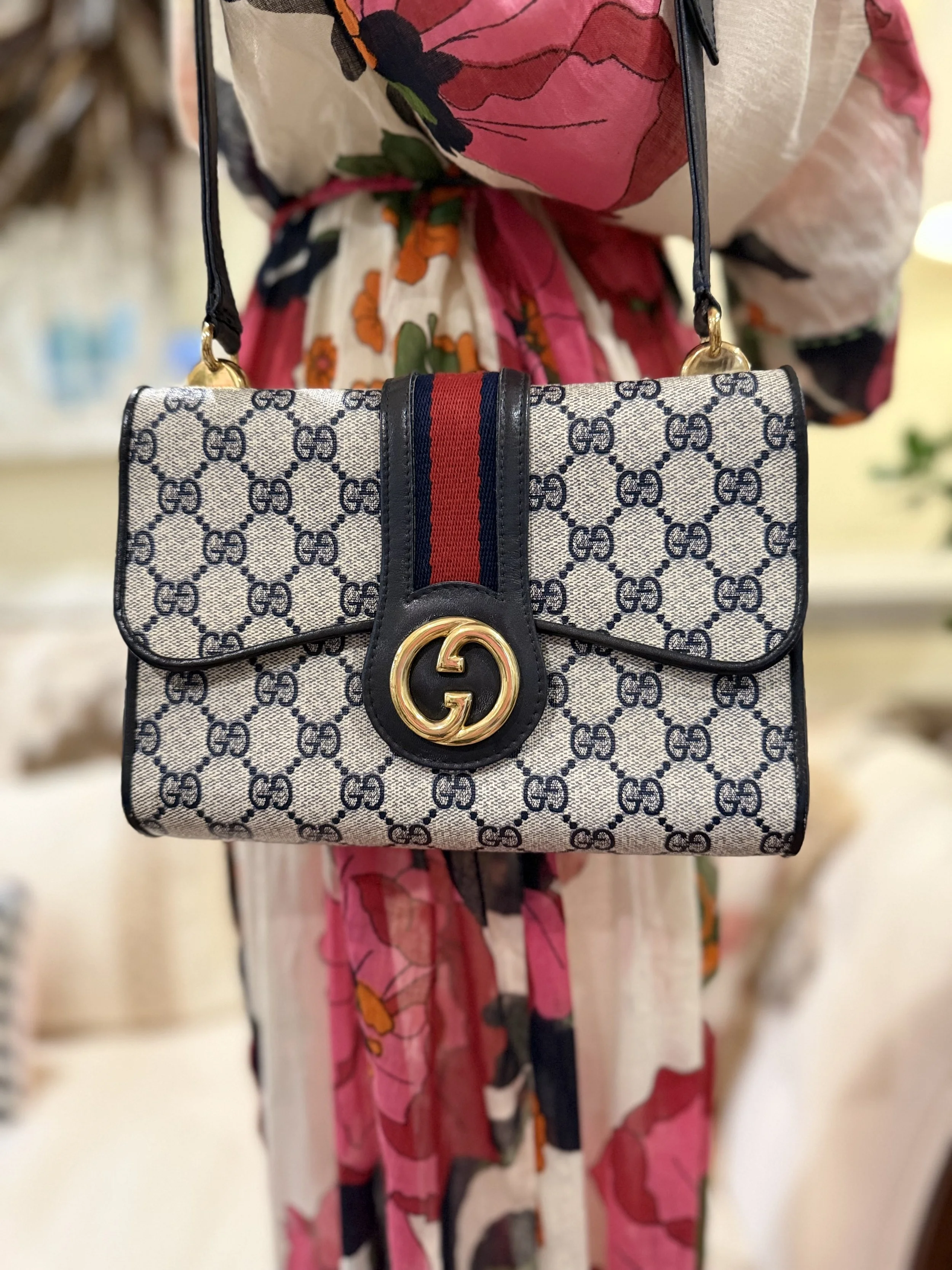 Gucci Vintage GG Supreme Sherry Line Flap Bag in Blue | GG Logo Clasp