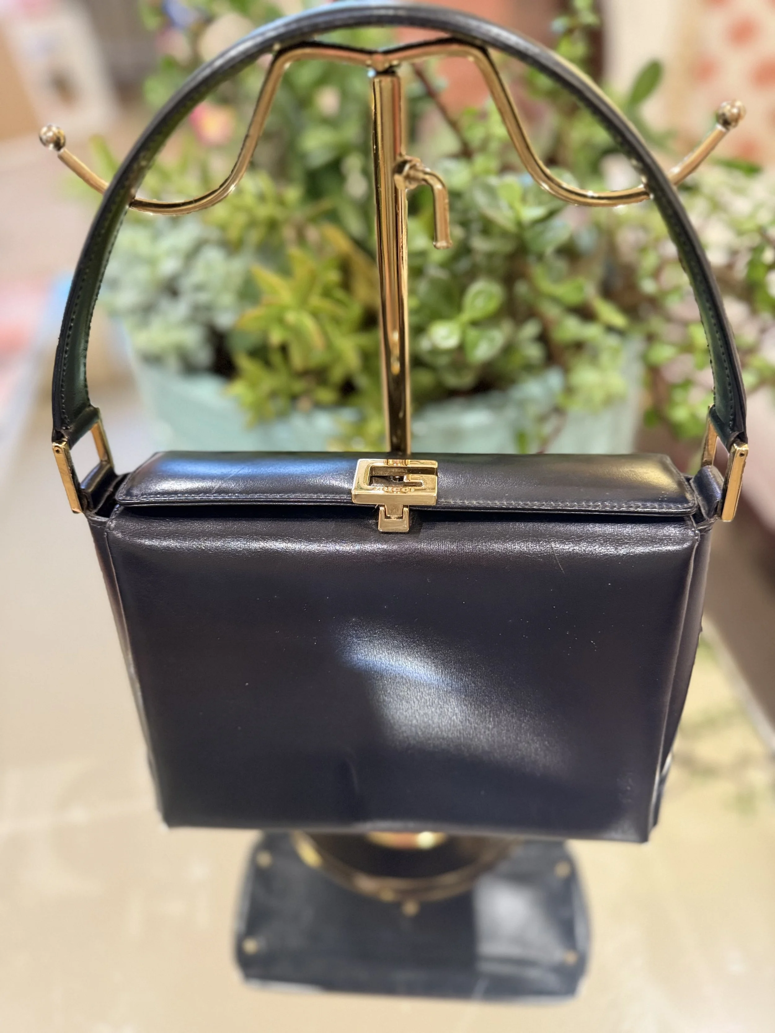 Vintage Gucci Navy Top-Handle Bag with Rare Red Leather Lining + Original Mirror Set (c. 1970s)