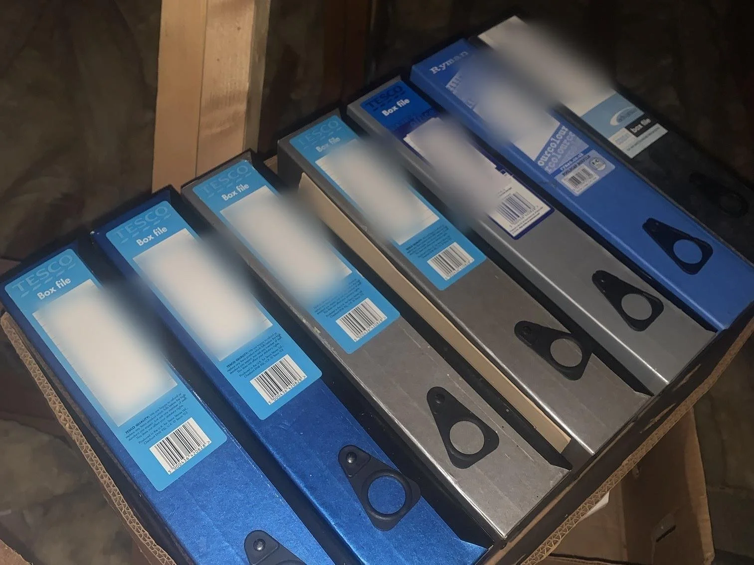 A row of blue and silver box files standing in a cardboard box in the loft, their handwritten labels blurred.