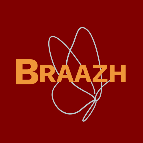 Logo van 'BRAAZH' in grote, bruine letters en een abstracte witte vlindervorm op een roodbruine achtergrond.