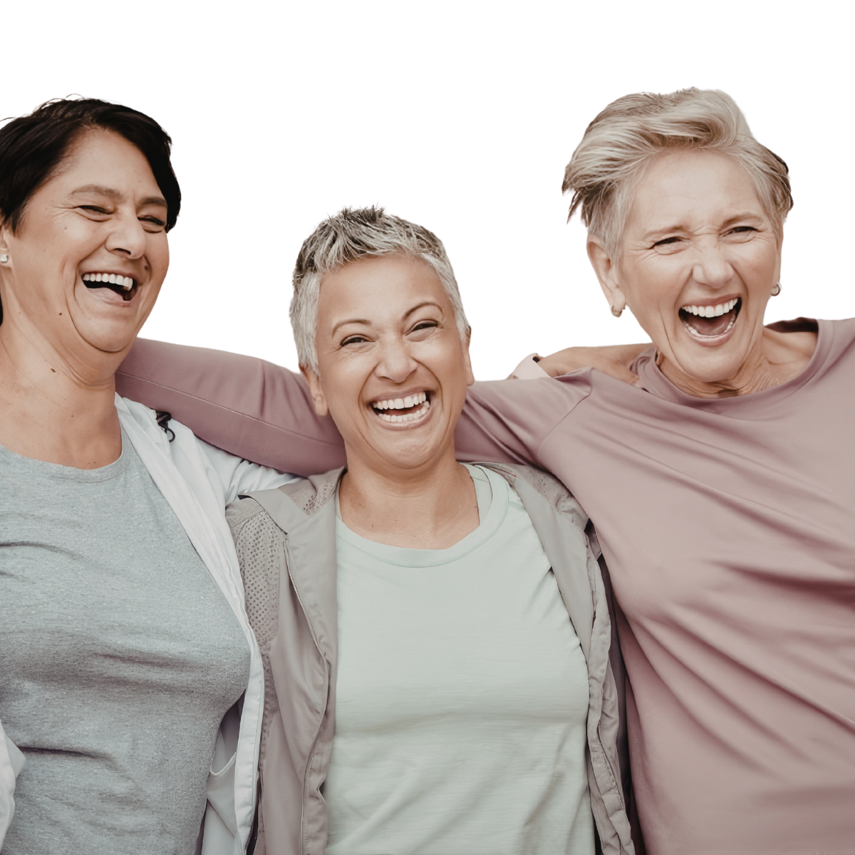 Drie lachende vrouwen in midlife die samen een vriendschap uitdrukken. Symbool voor onderling support in de Midlife Leadership Circle