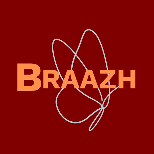 Logo: Afbeelding met de tekst 'BRAAZH' in bruine kleuren en een witte, abstracte lijntekening van een vlinder op een roodbruine achtergrond.