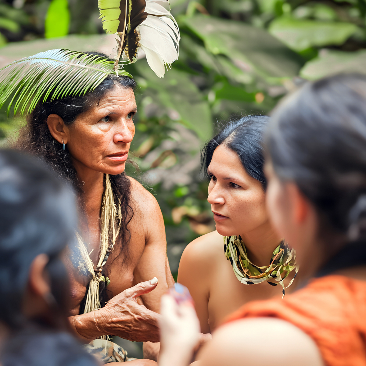 Vrouw met traditionele inheemse sieraden en een hoofddeksel met grote veren die met drie vrouwen praat in een groene natuurlijke omgeving. Symbool voor het delen van kennis onder vrouwen, iets wat verloren is gegaan in de westerse wereld