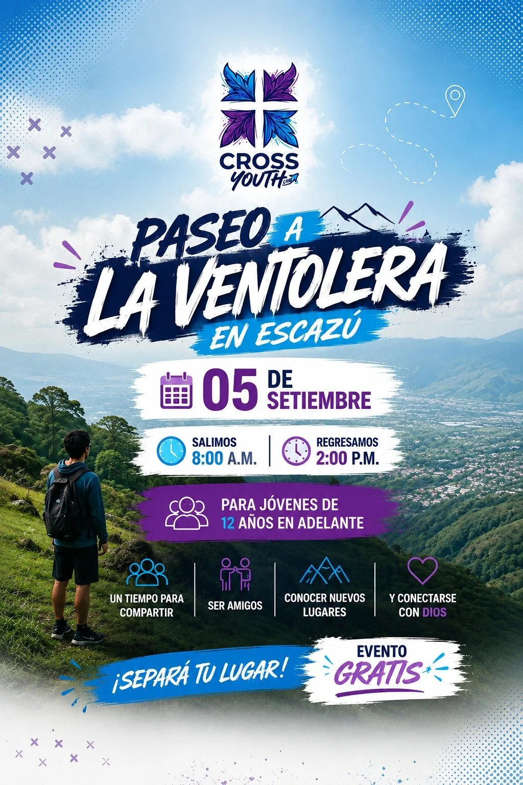 🚨 &iexcl;Se viene un pase&iacute;to que NO te vas a querer perder! 😎🏔️

Este 5 de septiembre, Cross Youth se va de paseo a La Ventolera en Escaz&uacute; 🌿✨

Un d&iacute;a para salir de la rutina, compartir con amigos, conocer un lugar nuevo y, so
