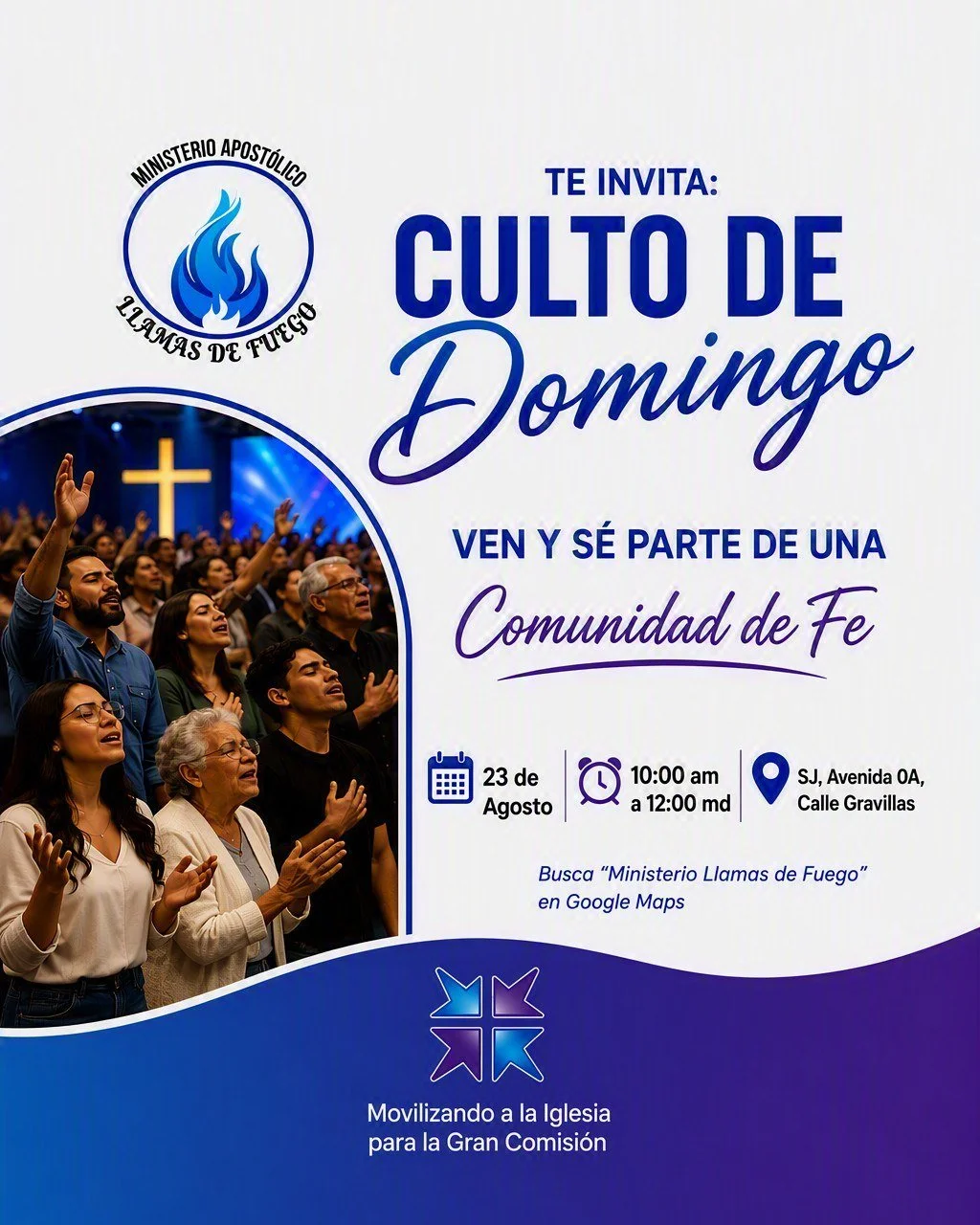 Este domingo queremos verte aqu&iacute; 🙌
Ven y s&eacute; parte de una comunidad de fe-- un lugar donde adorar, crecer y caminar juntos en Cristo.

📅 23 de agosto
🕙 10:00 am a 12:00md
📍 SJ, Avenida 0A, Calle Gravillas
🔍 Busca "Ministerio Ll